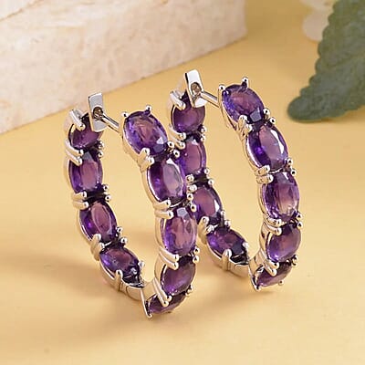 Amethyst Earrings in Rhodium Over Sterling Silver, Inside Out Hoops, Silver Hoops 13.65 ctw