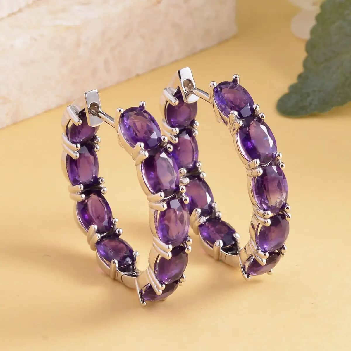 Amethyst Earrings in Rhodium Over Sterling Silver, Inside Out Hoops, Silver Hoops 13.65 ctw image number 1