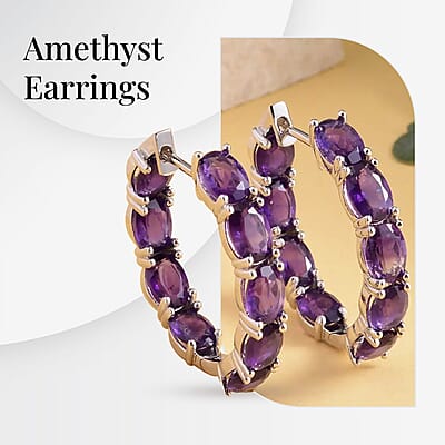 Amethyst Earrings in Rhodium Over Sterling Silver, Inside Out Hoops, Silver Hoops 13.65 ctw