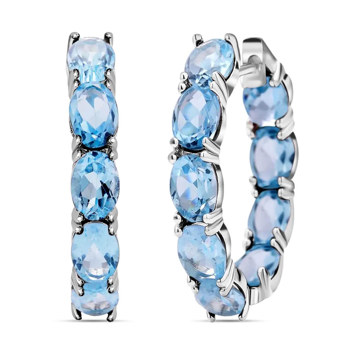 Sky Blue Topaz Earrings in Rhodium Over Sterling Silver, Inside Out Hoops, Silver Hoops 16.90 ctw image number 0