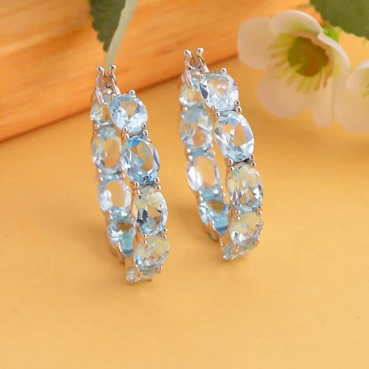 Sky Blue Topaz Earrings in Rhodium Over Sterling Silver, Inside Out Hoops, Silver Hoops 16.90 ctw image number 1