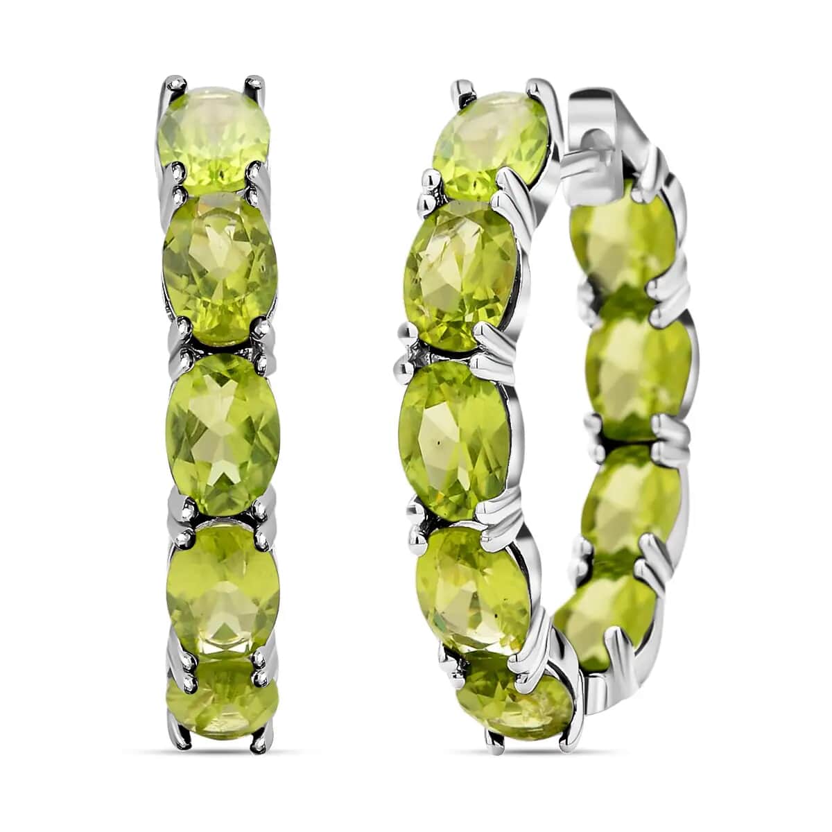 Peridot Earrings in Rhodium Over Sterling Silver, Inside Out Hoops, Silver Hoops 15.35 ctw image number 0