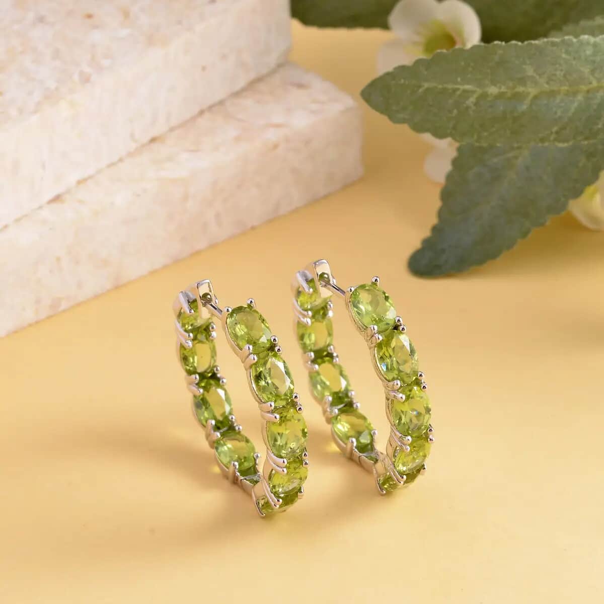 Peridot Earrings in Rhodium Over Sterling Silver, Inside Out Hoops, Silver Hoops 15.35 ctw image number 1