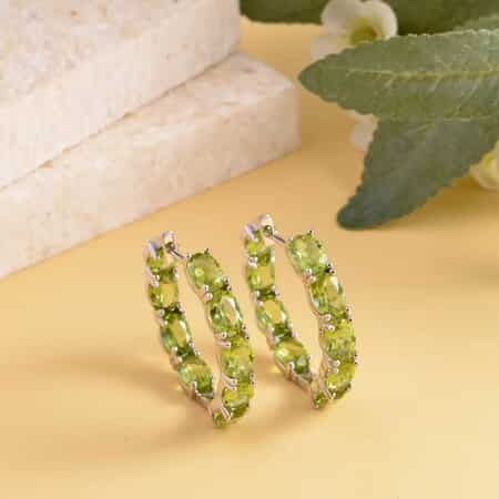 Peridot Earrings in Rhodium Over Sterling Silver, Inside Out Hoops, Silver Hoops 15.35 ctw image number 1