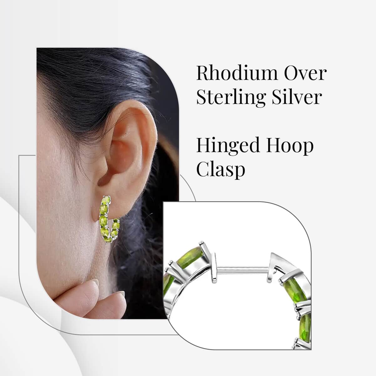 Peridot Earrings in Rhodium Over Sterling Silver, Inside Out Hoops, Silver Hoops 15.35 ctw image number 2