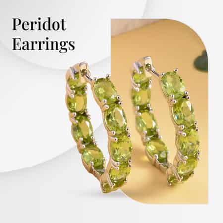 Peridot Earrings in Rhodium Over Sterling Silver, Inside Out Hoops, Silver Hoops 15.35 ctw image number 3