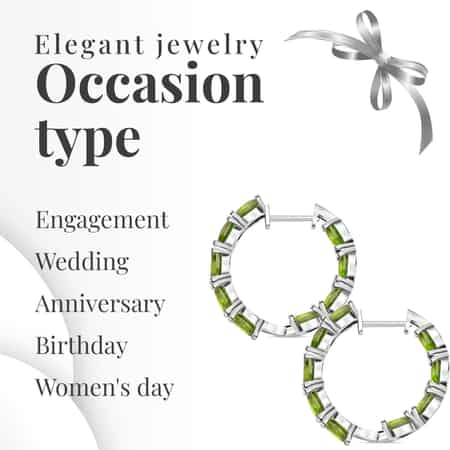 Peridot Earrings in Rhodium Over Sterling Silver, Inside Out Hoops, Silver Hoops 15.35 ctw image number 4