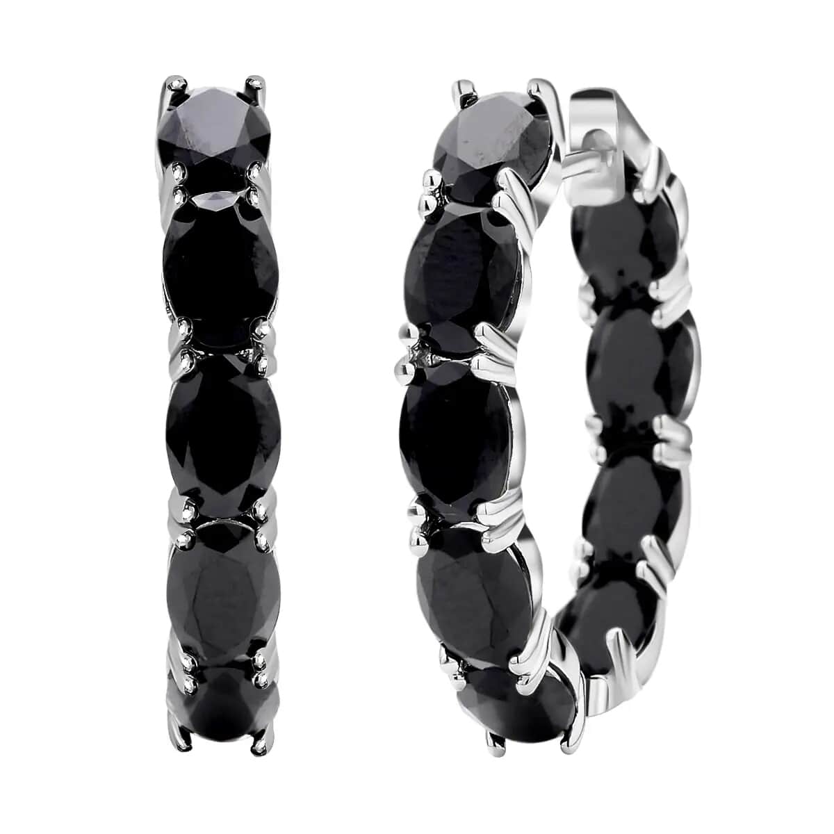 Thai Black Spinel Earrings in Rhodium Over Sterling Silver, Inside Out Hoops, Silver Hoops 15.75 ctw image number 0