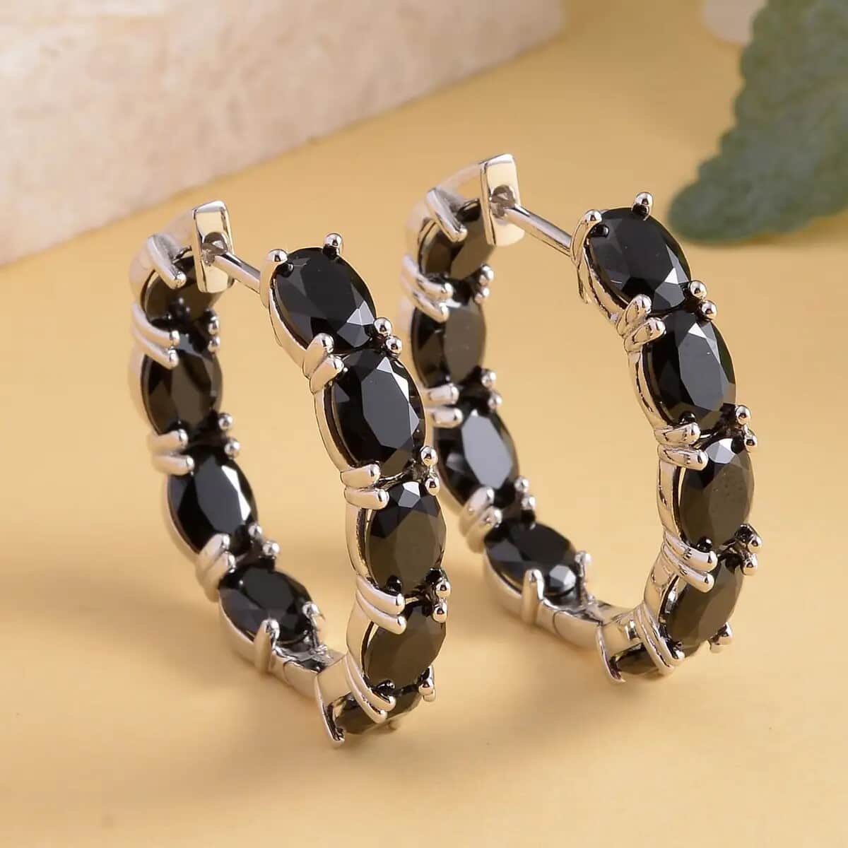 Thai Black Spinel Earrings in Rhodium Over Sterling Silver, Inside Out Hoops, Silver Hoops 15.75 ctw image number 1