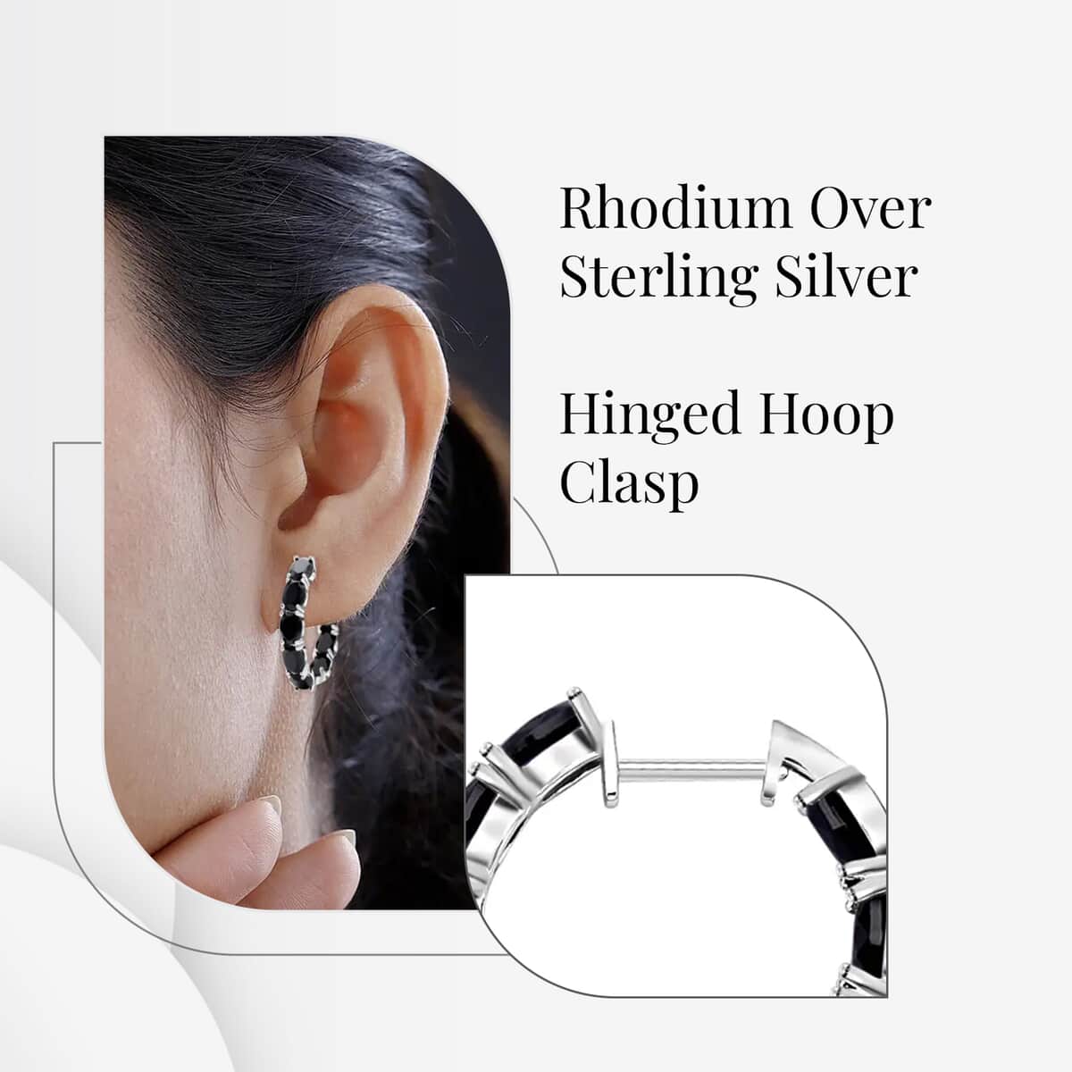 Thai Black Spinel Earrings in Rhodium Over Sterling Silver, Inside Out Hoops, Silver Hoops 15.75 ctw image number 2