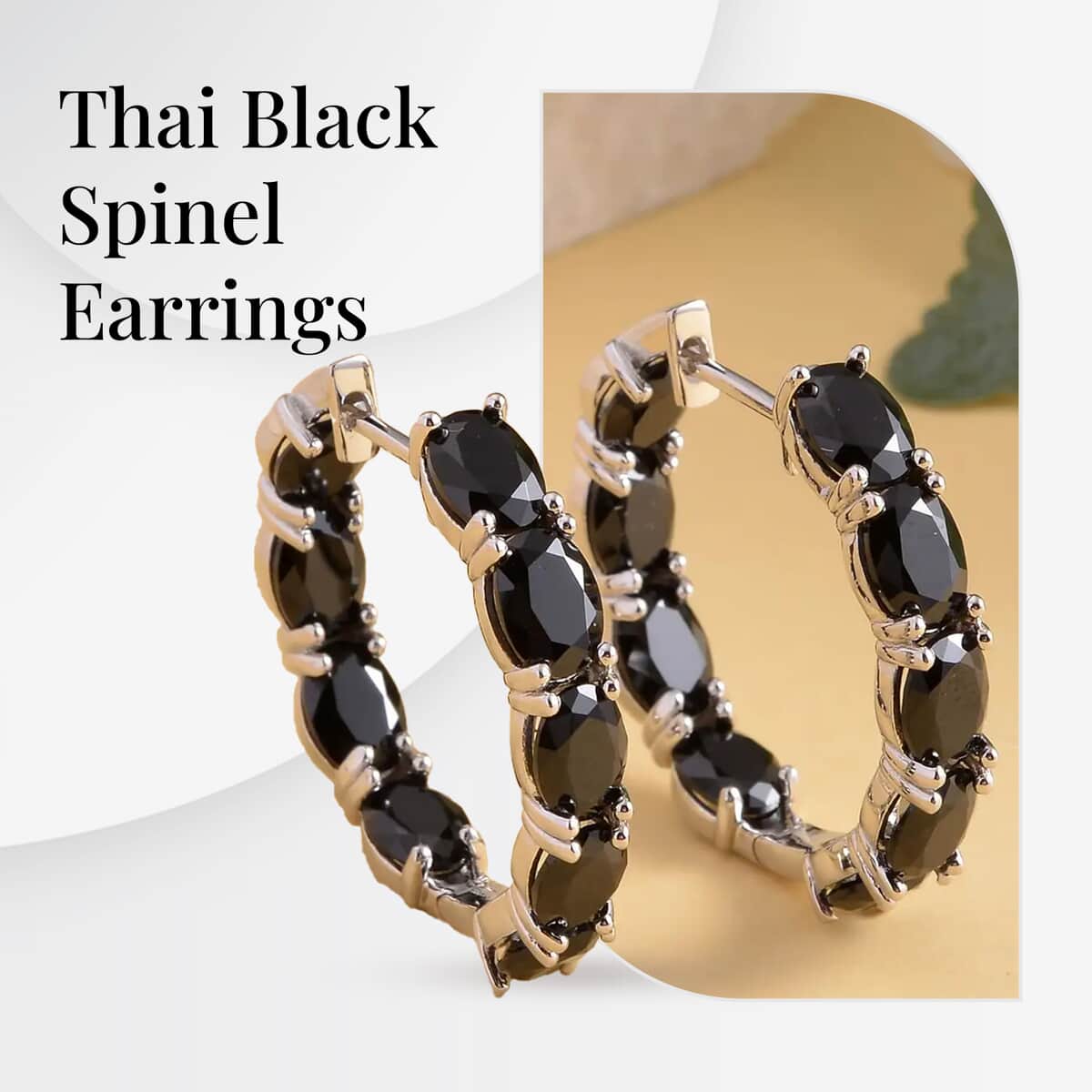 Thai Black Spinel Earrings in Rhodium Over Sterling Silver, Inside Out Hoops, Silver Hoops 15.75 ctw image number 3