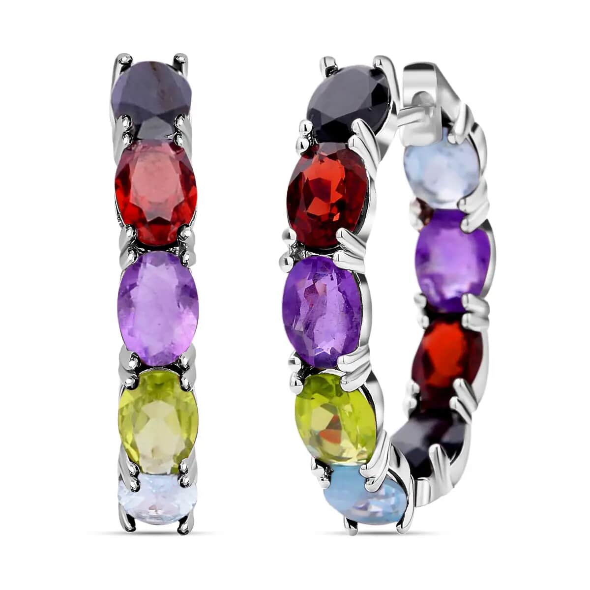 Multi Gemstone Earrings in Rhodium Over Sterling Silver, Inside Out Hoops, Silver Hoops 15.75 ctw image number 0
