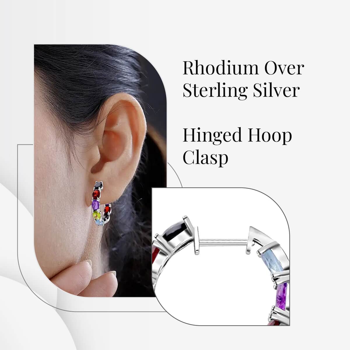 Multi Gemstone Earrings in Rhodium Over Sterling Silver, Inside Out Hoops, Silver Hoops 15.75 ctw image number 2