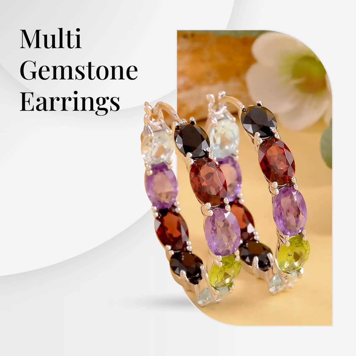 Multi Gemstone Earrings in Rhodium Over Sterling Silver, Inside Out Hoops, Silver Hoops 15.75 ctw image number 3