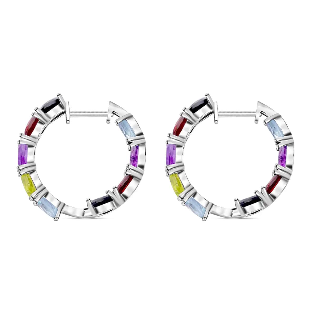 Multi Gemstone Earrings in Rhodium Over Sterling Silver, Inside Out Hoops, Silver Hoops 15.75 ctw image number 5