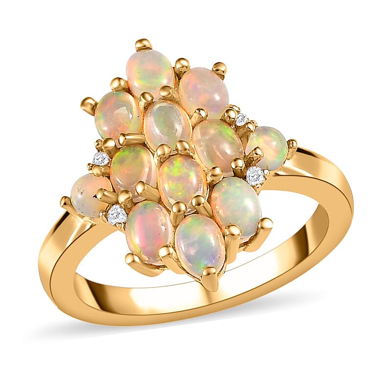 Ethiopian Welo Opal and White Zircon 1.50 ctw Ring in Vermeil Yellow Gold Over Sterling Silver (Size 6.5)