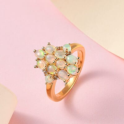 Ethiopian Welo Opal and White Zircon 1.50 ctw Ring in Vermeil Yellow Gold Over Sterling Silver (Size 6.5)