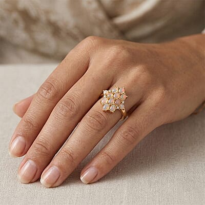 Ethiopian Welo Opal and White Zircon 1.50 ctw Ring in Vermeil Yellow Gold Over Sterling Silver (Size 6.5)