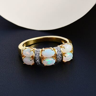 Ethiopian Welo Opal and White Zircon 1.10 ctw Ring in Vermeil Yellow Gold Over Sterling Silver (Size 11.5)