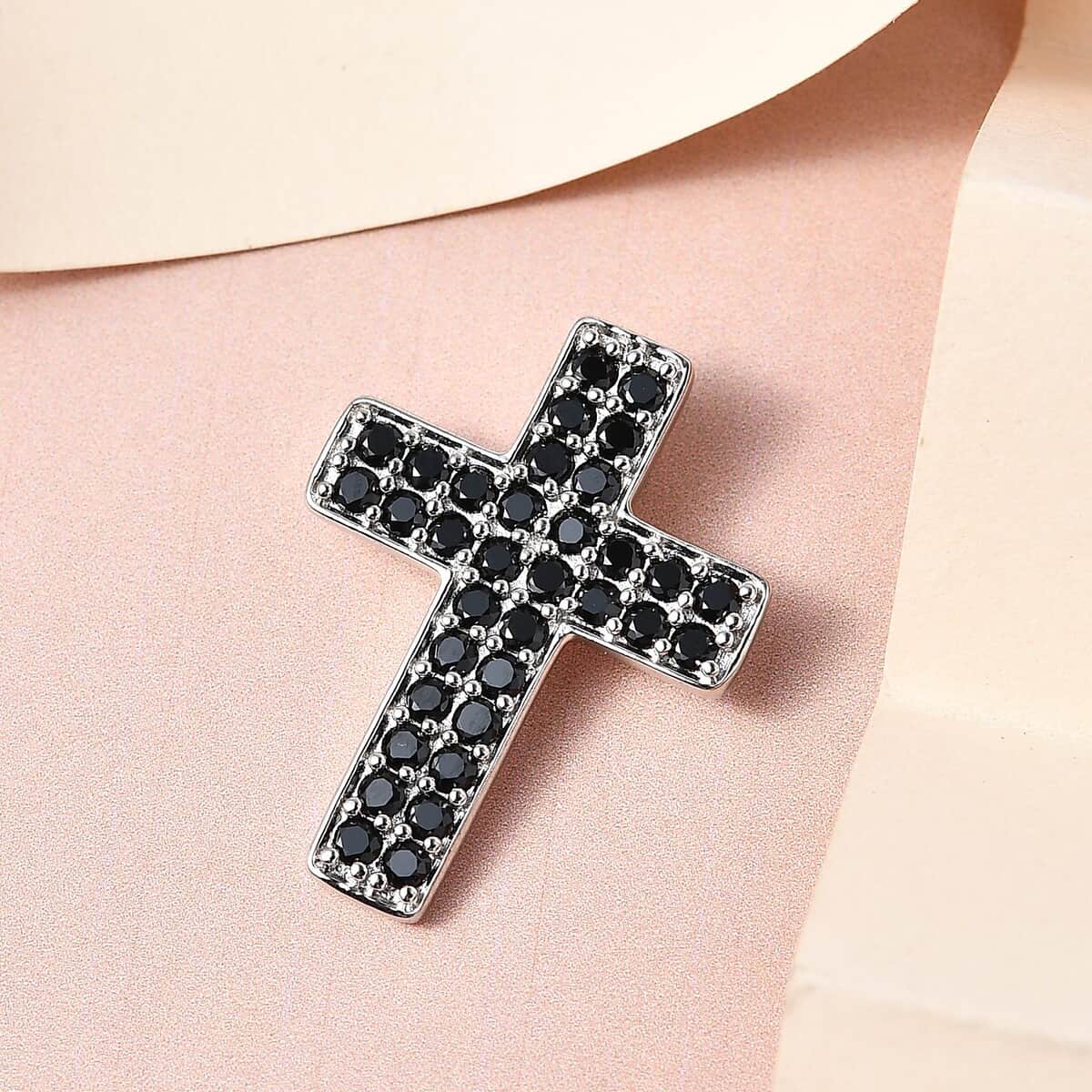 Karis Thai Black Spinel Cross Pendant in Platinum Bond 1.70 ctw image number 1