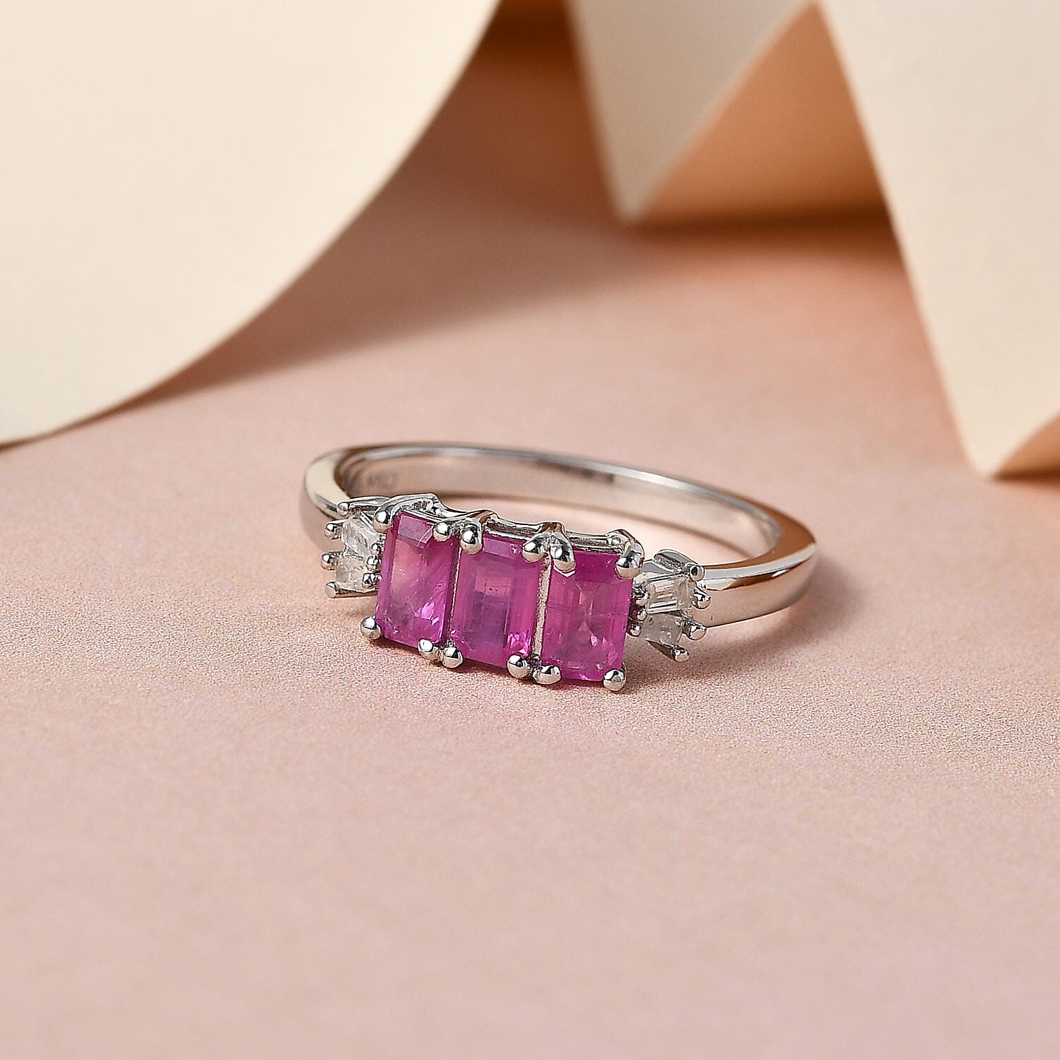 Premium Montepuez Ruby and Diamond 3 Stone Ring in Platinum Over Sterling Silver (Size 10.0) 1.10 ctw