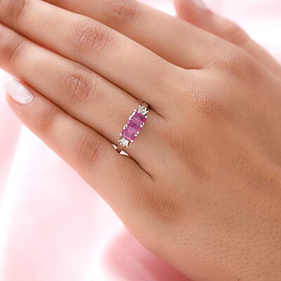 Premium Montepuez Ruby and Diamond 3 Stone Ring in Platinum Over Sterling Silver (Size 10.0) 1.10 ctw