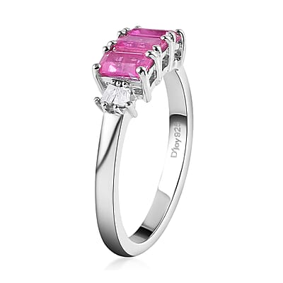 Premium Montepuez Ruby and Diamond 3 Stone Ring in Platinum Over Sterling Silver (Size 10.0) 1.10 ctw