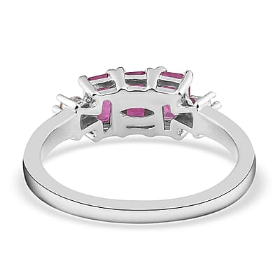 Premium Montepuez Ruby and Diamond 3 Stone Ring in Platinum Over Sterling Silver (Size 10.0) 1.10 ctw