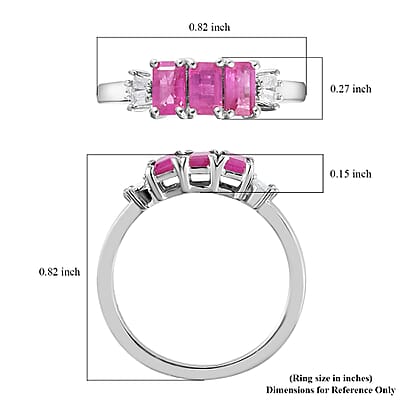 Premium Montepuez Ruby and Diamond 3 Stone Ring in Platinum Over Sterling Silver (Size 10.0) 1.10 ctw