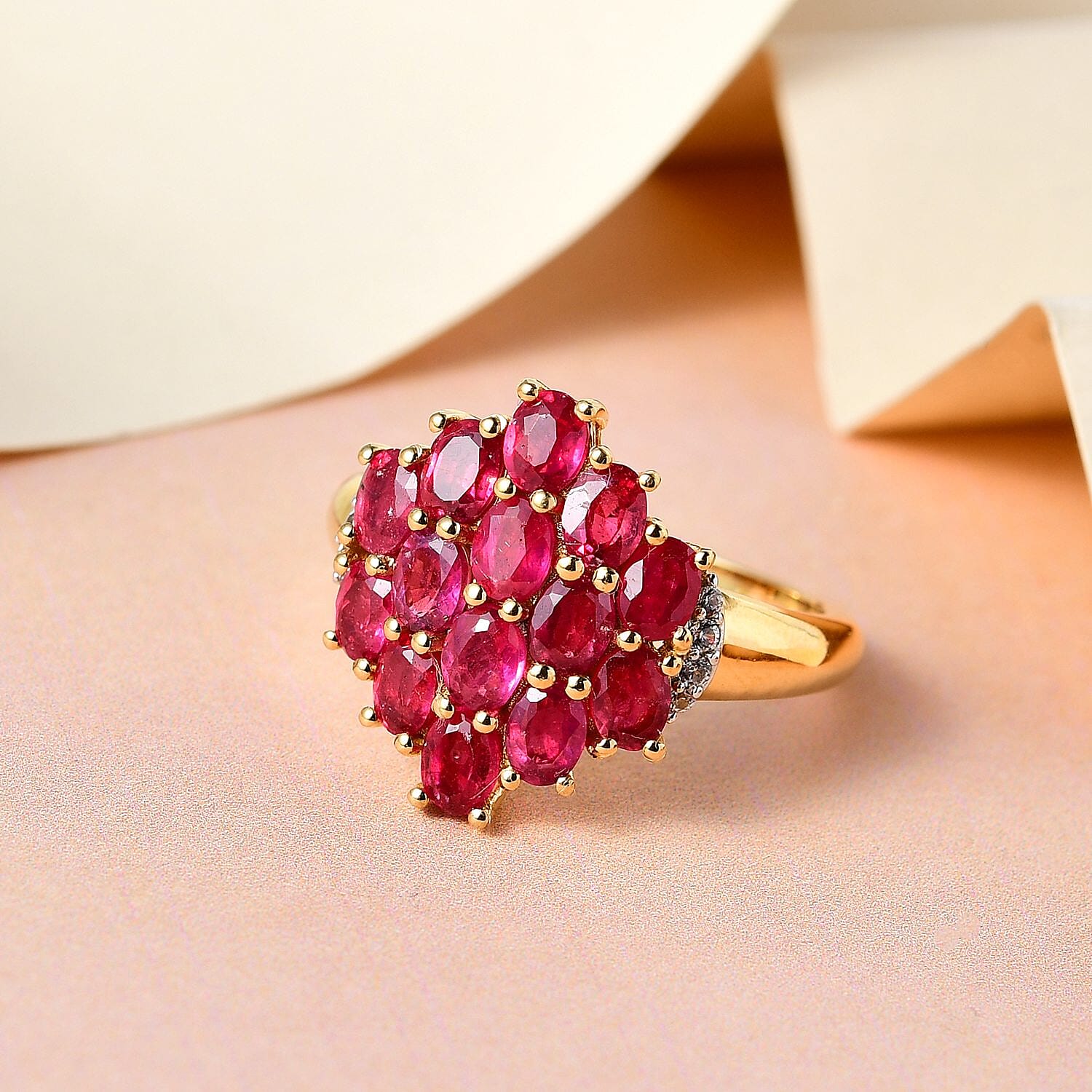 African Ruby (FF), White Zircon 3.60 ctw Ring in 14K Yellow Gold Over Sterling Silver (Size 11.5)