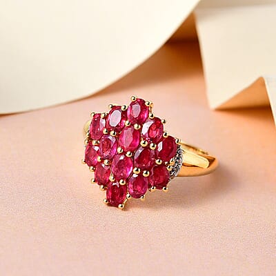 African Ruby (FF), White Zircon 3.60 ctw Ring in 14K Yellow Gold Over Sterling Silver (Size 11.5)