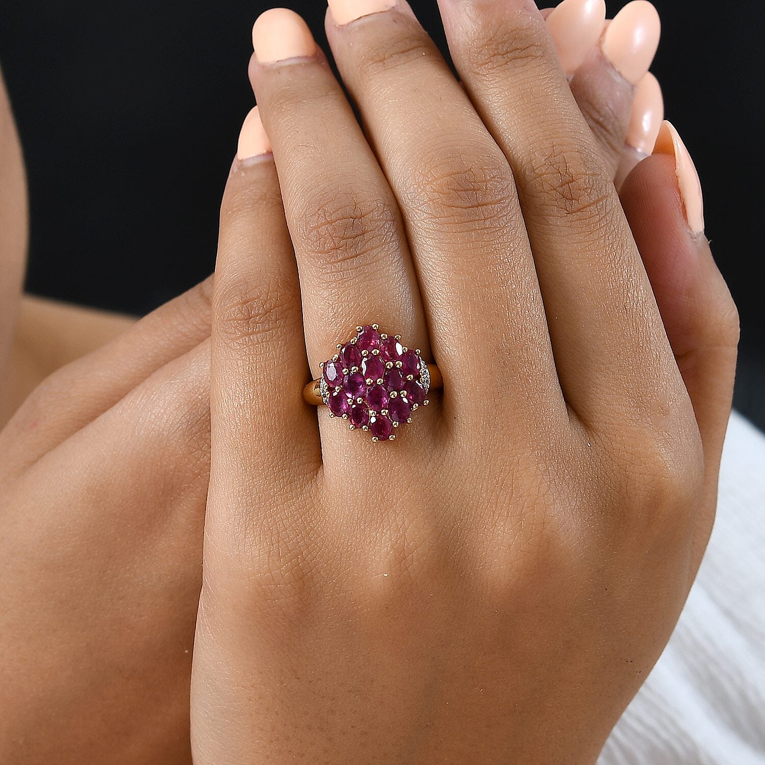 African Ruby (FF), White Zircon 3.60 ctw Ring in 14K Yellow Gold Over Sterling Silver (Size 11.5)