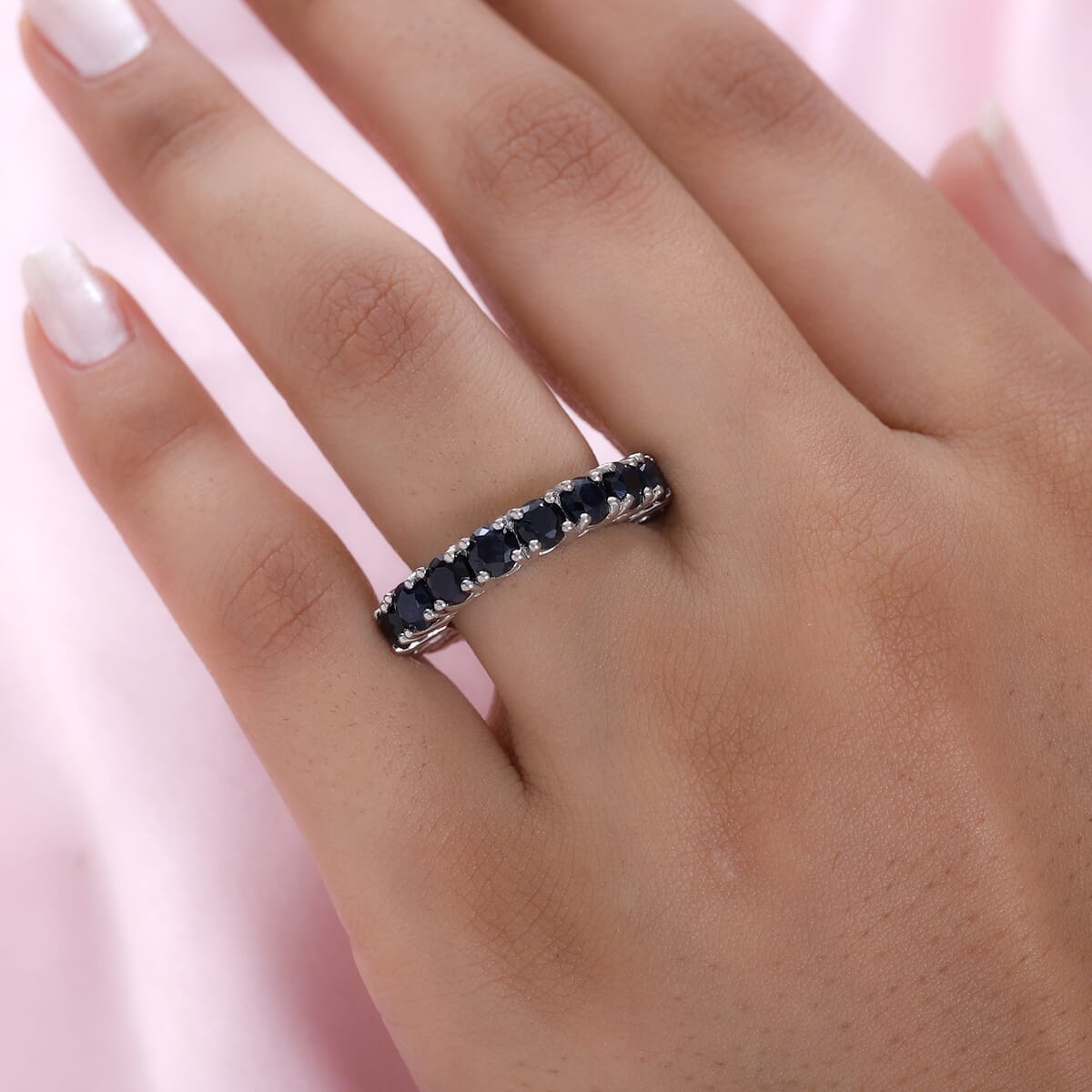 Australian Midnight Sapphire Eternity Band Ring in Platinum Over Sterling Silver (Size 8.0) 7.40 ctw image number 2