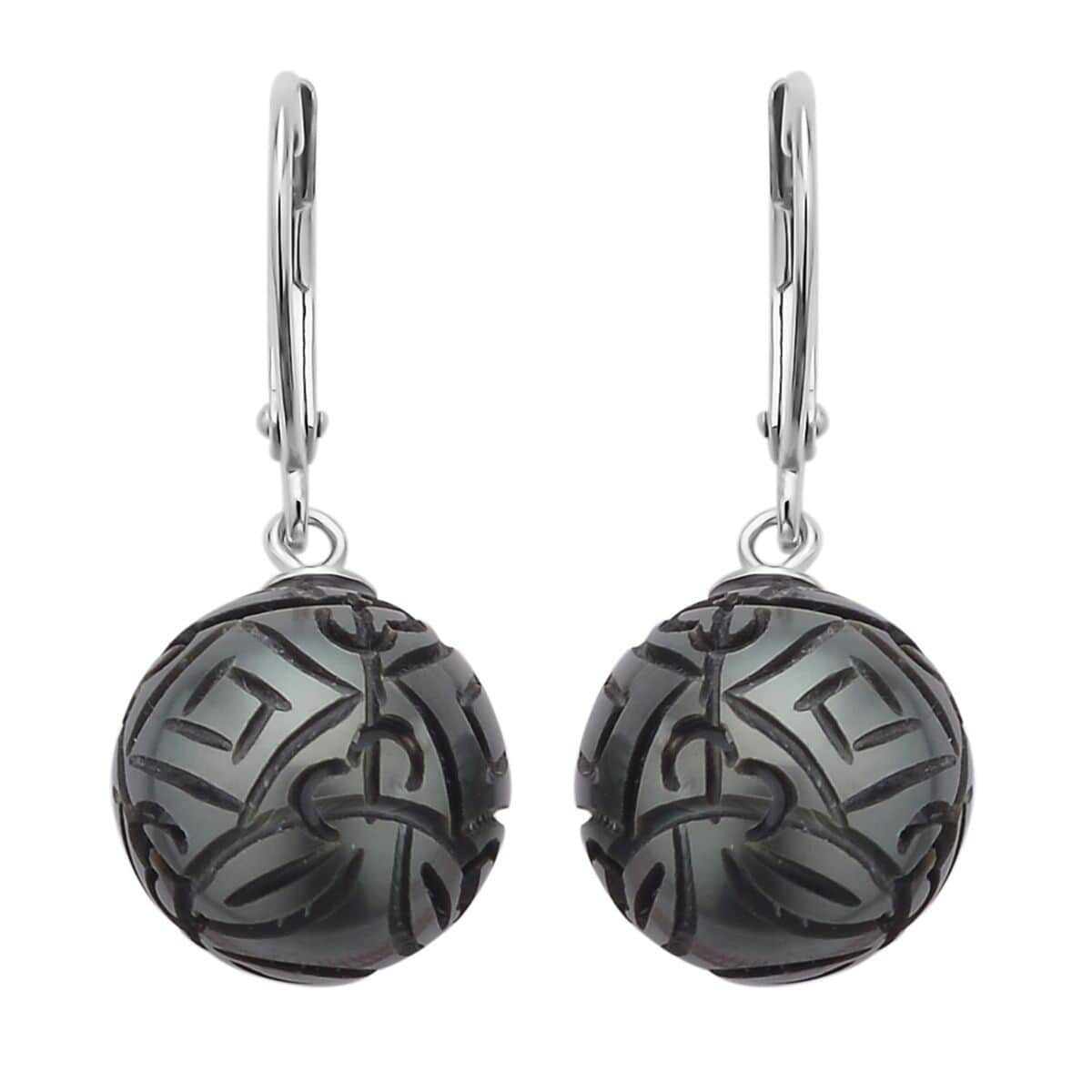 Tahitian Pearl Carved Drop Earrings in Rhodium Over Sterling Silver image number 0