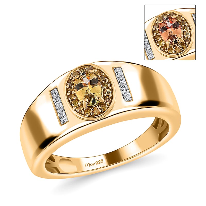 Premium Golden Tanzanite Ring , Tanzanite Men's Ring , Yellow and White Diamond Accent Men's Ring , Vermeil Yellow Gold Over Sterling Silver Ring , Rings For Him 0.65 ctw