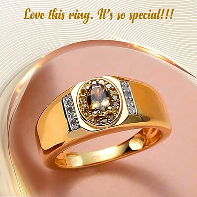 Premium Golden Tanzanite Ring , Tanzanite Men's Ring , Yellow and White Diamond Accent Men's Ring , Vermeil Yellow Gold Over Sterling Silver Ring , Rings For Him 0.65 ctw