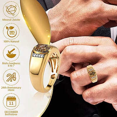 Premium Golden Tanzanite Ring , Tanzanite Men's Ring , Yellow and White Diamond Accent Men's Ring , Vermeil Yellow Gold Over Sterling Silver Ring , Rings For Him 0.65 ctw