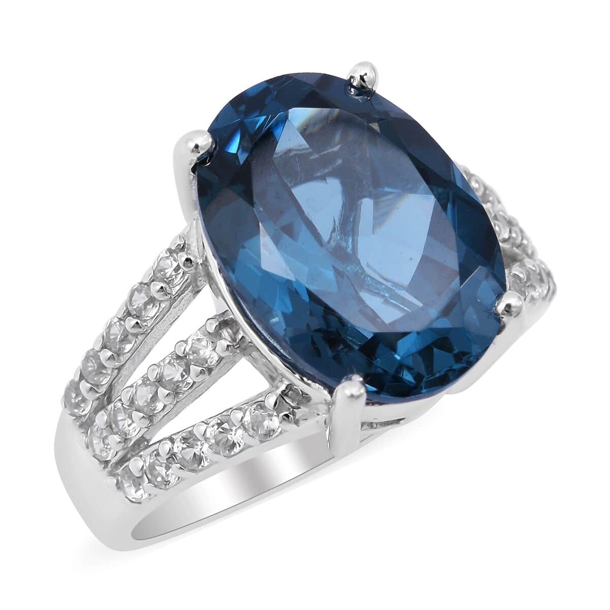 Doorbuster Premium London Blue Topaz, Natural White Zircon Ring in Platinum Over Sterling Silver (Size 10.0) 8.00 ctw image number 0