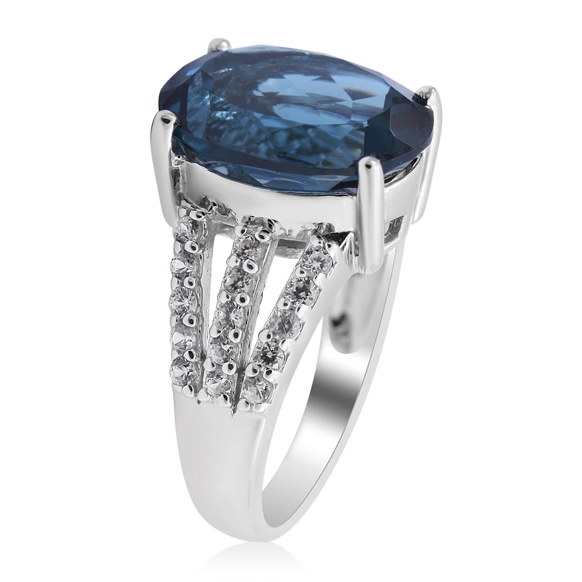 Doorbuster Premium London Blue Topaz, Natural White Zircon Ring in Platinum Over Sterling Silver (Size 10.0) 8.00 ctw image number 2