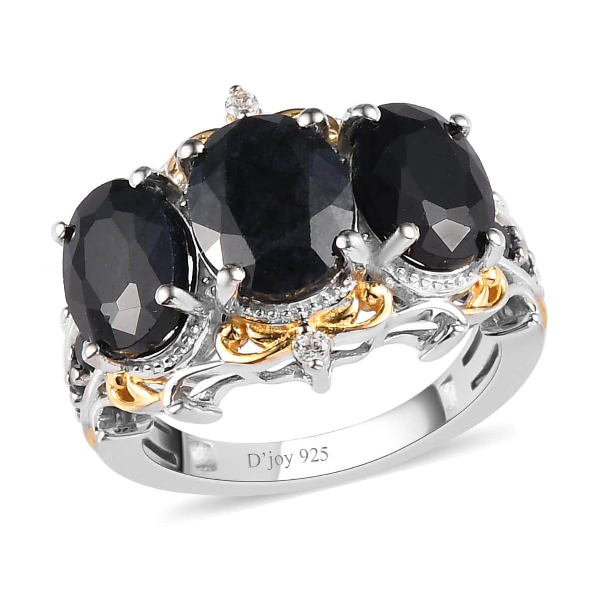 Australian Black Sapphire and Natural White Zircon 3 Stone Ring in Vermeil Yellow Gold and Platinum Over Sterling Silver 6.20 ctw image number 0