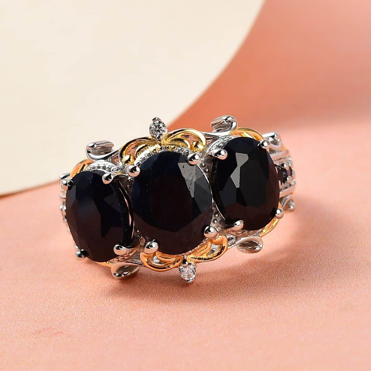 Australian Black Sapphire and Natural White Zircon 3 Stone Ring in Vermeil Yellow Gold and Platinum Over Sterling Silver 6.20 ctw image number 1