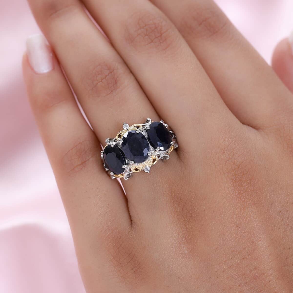 Australian Black Sapphire and Natural White Zircon 3 Stone Ring in Vermeil Yellow Gold and Platinum Over Sterling Silver 6.20 ctw image number 2