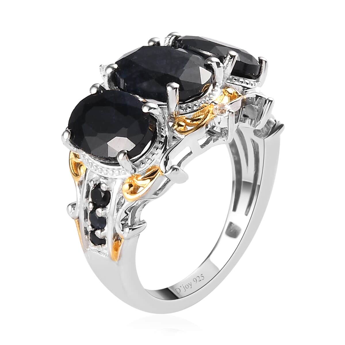 Australian Black Sapphire and Natural White Zircon 3 Stone Ring in Vermeil Yellow Gold and Platinum Over Sterling Silver 6.20 ctw image number 3