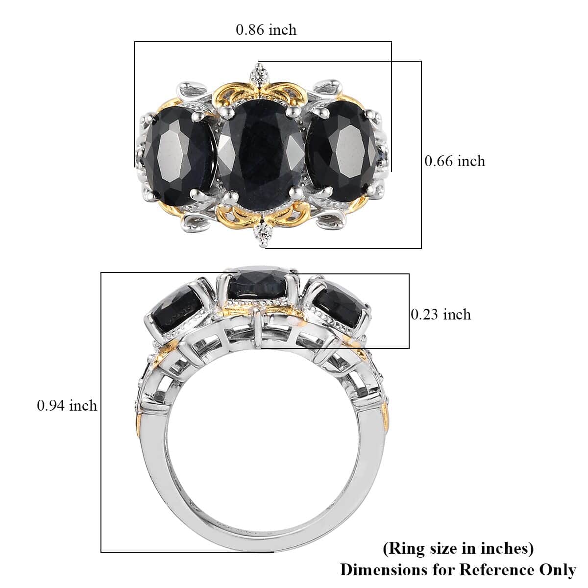 Australian Black Sapphire and Natural White Zircon 3 Stone Ring in Vermeil Yellow Gold and Platinum Over Sterling Silver 6.20 ctw image number 5