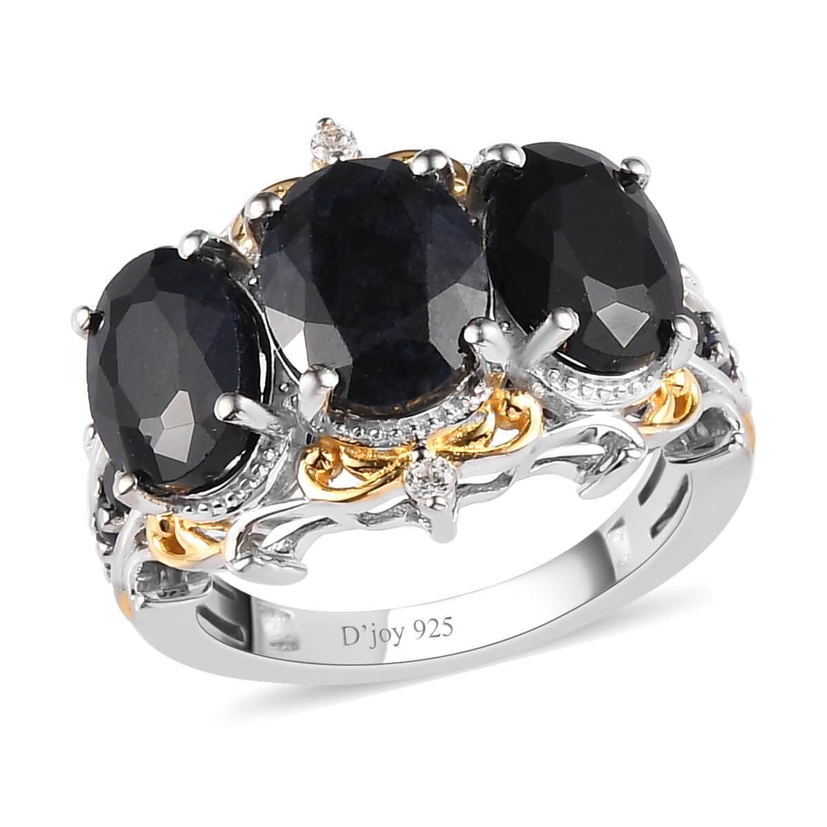 Australian Midnight Sapphire and Natural White Zircon 3 Stone Ring in Vermeil Yellow Gold and Platinum Over Sterling Silver (Size 8.0) 6.20 ctw image number 0
