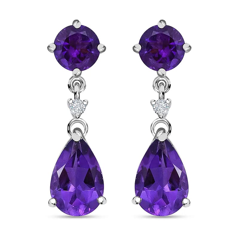 Amethyst and White Zircon Drop Earrings in Platinum Over Sterling Silver, Dangle Earrings For Women 8.15 ctw