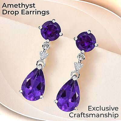 Amethyst and White Zircon Drop Earrings in Platinum Over Sterling Silver, Dangle Earrings For Women 8.15 ctw