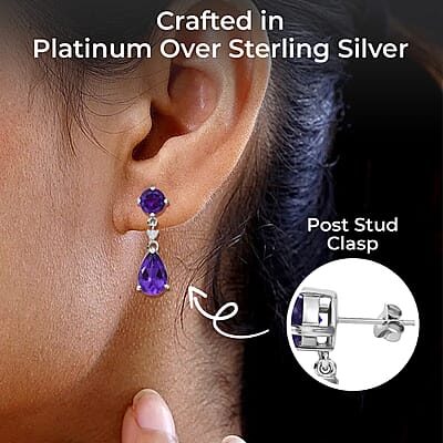 Amethyst and White Zircon Drop Earrings in Platinum Over Sterling Silver, Dangle Earrings For Women 8.15 ctw