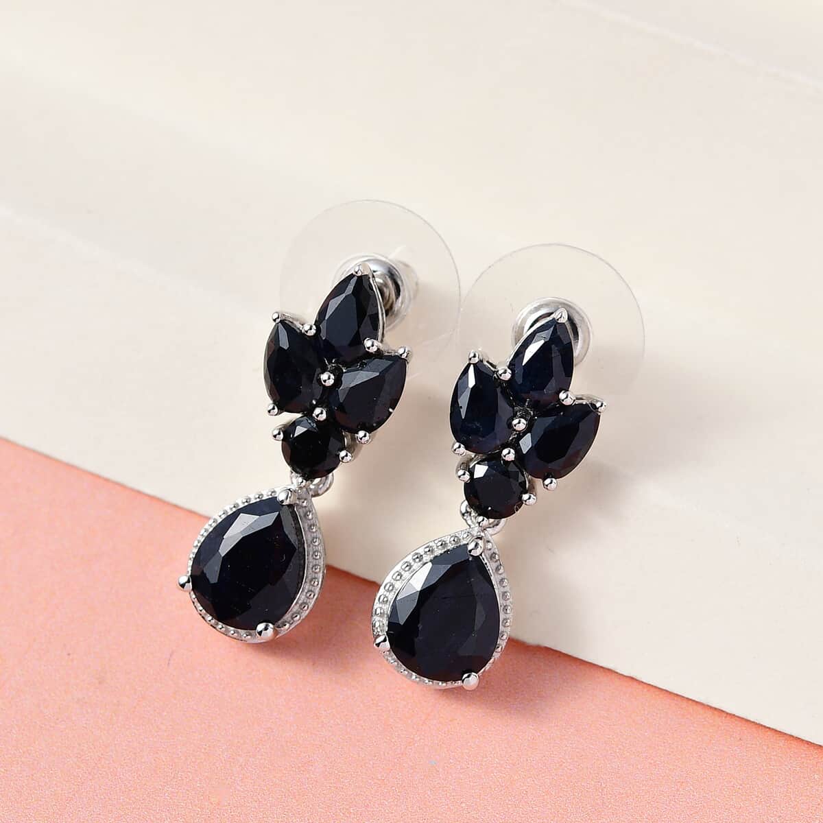 Australian Midnight Sapphire Dangling Earrings in Platinum Over Sterling Silver 8.35 ctw image number 1