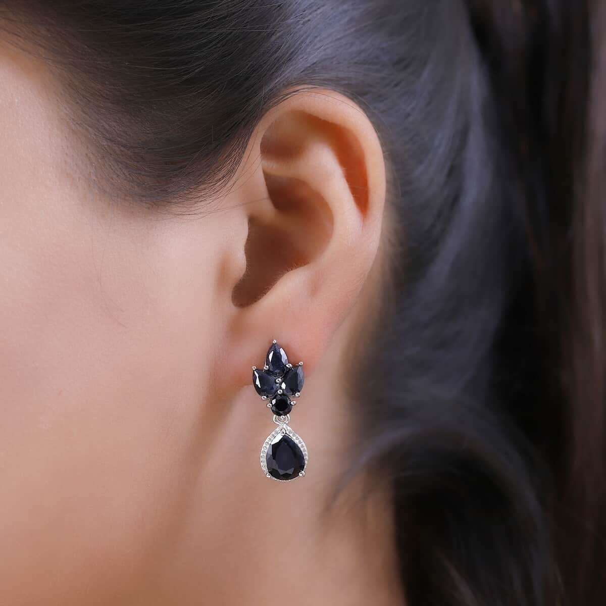 Australian Midnight Sapphire Dangling Earrings in Platinum Over Sterling Silver 8.35 ctw image number 2